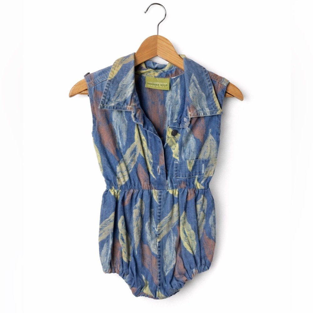 Indiana Wild Handmade Bubble Romper 2T Blue Leaf Print Boho Cottagecore